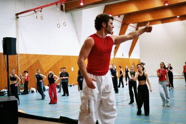 Didi und Dubi direkt vor einem Teamteching Dance-Special in der Fitness-Company Stutgart im Jahr 2003
